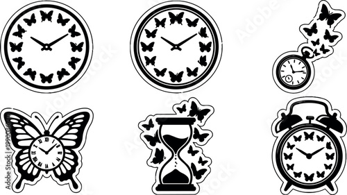 Black and white butterfly clock and hourglass vector art set