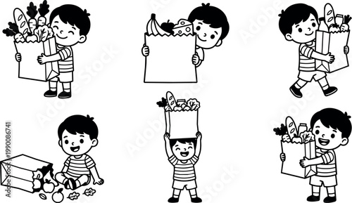 Boy holding and carrying grocery bags with vegetables and fruits