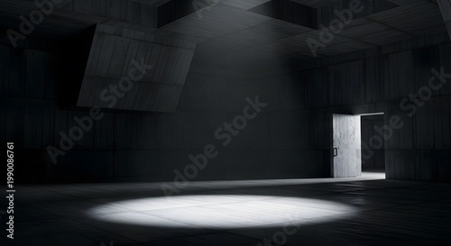 Dramatic spotlight illuminates an empty concrete room, an open doorway reveals a bright, mysterious path leading to new beginnings