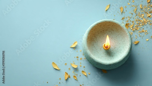 Top-down view, minimalist Diwali composition. A single handcrafted ceramic diya with a golden flame centered on a soft matte teal background