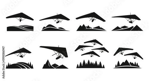 Collection of Hang Gliding Silhouettes Over Mountains, Hills, and Scenic Landscapes