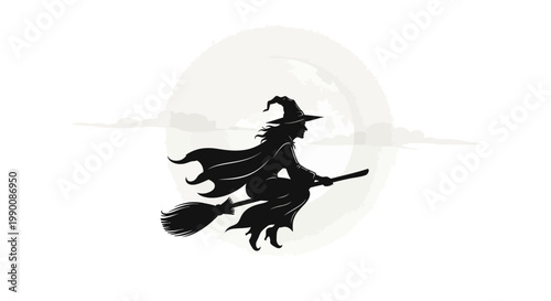 Silhouette of a witch flying on a broomstick against a full moon, symbolizing Halloween and magic