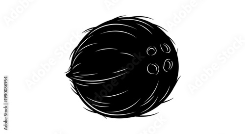 Isolated black silhouette of a whole coconut with its characteristic fibrous husk and three germination pores visible on a white background, a tropical fruit icon