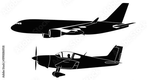 Two silhouette aircraft, a large commercial airliner and a small propeller plane, isolated on a white background