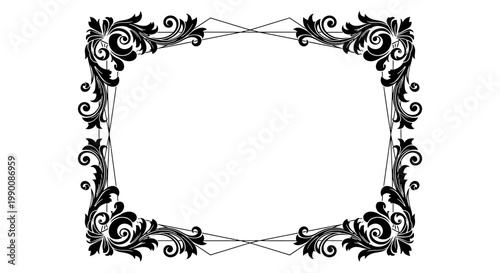 Elegant and intricate vector frame design featuring classic baroque scrollwork and decorative corner elements, ideal for vintage-themed graphic projects and invitations