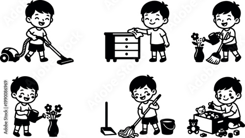 Boy doing various household chores and cleaning activities