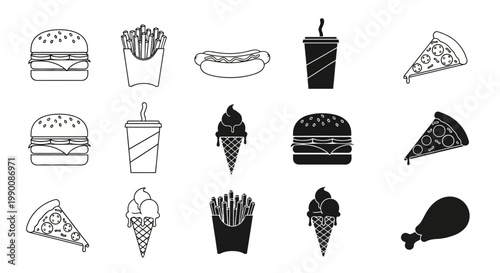 A visually appealing assortment of iconic fast food elements, offering a delectable graphic representation of quick meal favorites and treats for diverse digital design