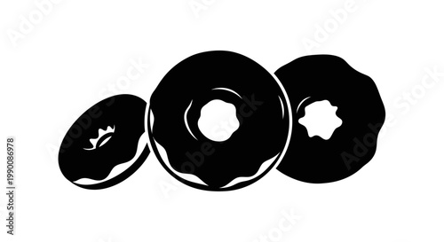 Three stylized black doughnuts with white highlights, presented against a white background in a minimalist graphic style