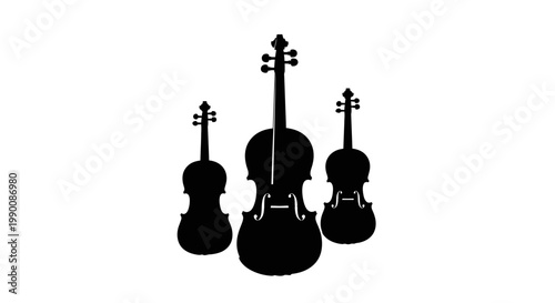 Elegant black silhouettes of a harmonious trio of string instruments, including violins and violas, representing classical music and orchestral artistry