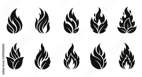 A compelling collection of stylized organic flame icons, elegantly incorporating leaf elements to symbolize natural energy, warmth, and dynamic growth in a minimalist graphic design