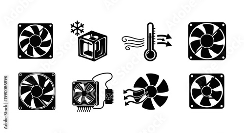 Set of cooling fan icons, indicating temperature regulation and air circulation for devices and rooms