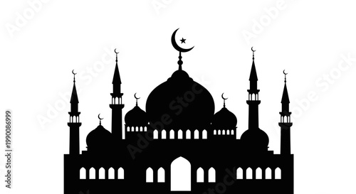A serene and elegant silhouette of an Islamic mosque, featuring its characteristic domes and towering minarets under a crescent moon, embodying cultural heritage and spiritual devotion