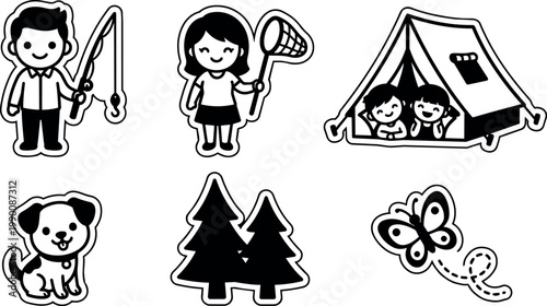 Black and white line art camping children with fishing rod net tent dog trees butterfly