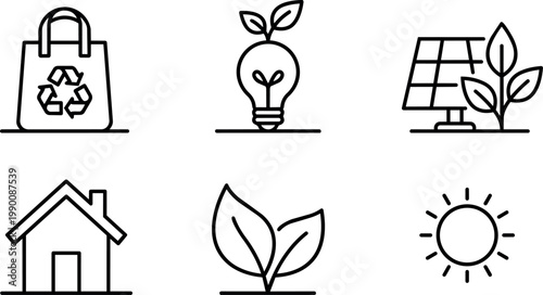 Line art eco icons including recycling bag light bulb solar panel house leaves and sun