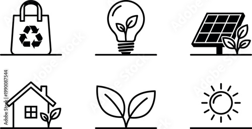 Black and white line art eco friendly icons including recycling bag light bulb solar panel house plant and sun