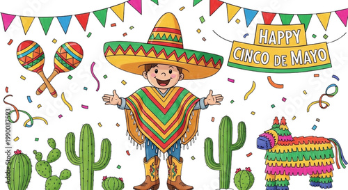 Fiesta Fun for Cinco de Mayo Marketing: Festive Boy, Cacti, Pinata, Maracas, Bunting for Celebrations