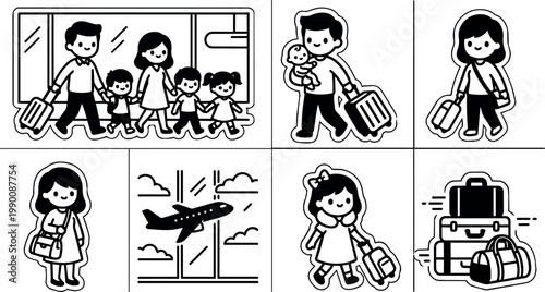 Black and white line art family with luggage traveling through airport terminal