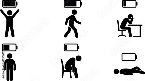 Black battery level icons with human figures showing energy depletion stages