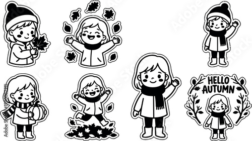 Black and white line art children playing with autumn leaves and pumpkin with hello autumn text