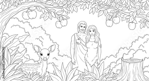 Biblical Couple in Paradise Garden with Deer and Apple Trees Line Art for Coloring Book Page