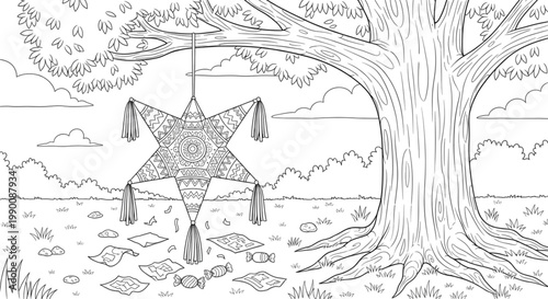 Traditional Star Pinata Hanging from Tree with Candy Outdoor Coloring Page for Kids Birthday Party Celebrations
