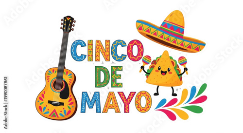 Cinco de Mayo Celebration Design with Festive Guitar Sombrero Taco Maracas. Vibrant Cultural Holiday for Event Promotion.