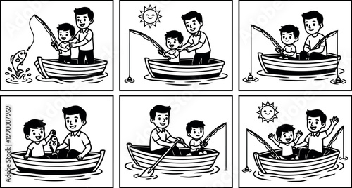 Father and son fishing together in boat line art illustration