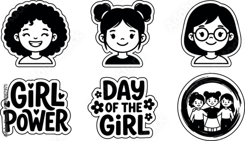 Black and white girl power text with happy girl faces and group of girls in circle illustration