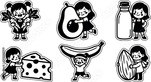 Children holding large fruits vegetables and dairy products