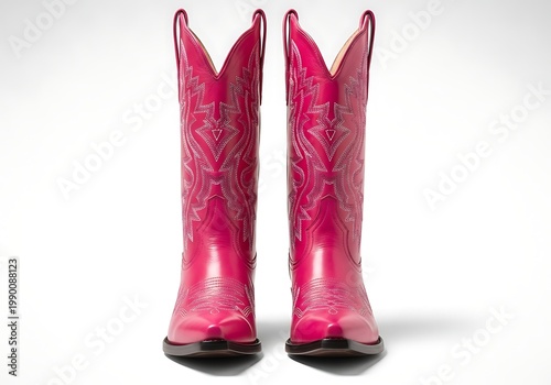 A pair of pink cowboy boots on a white background