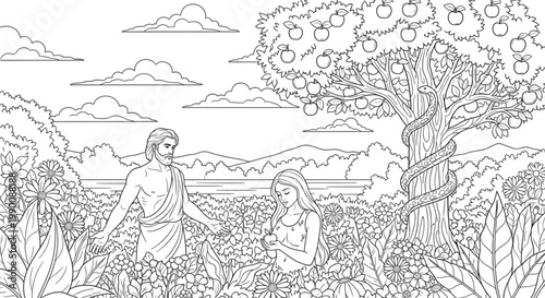 First Man and Woman in Lush Garden with Serpent and Fruit Tree. Creation Story Outline Art for Coloring