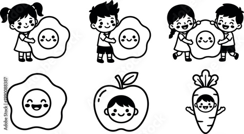 Black and white children holding cute fried egg apple and carrot characters vector art