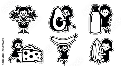 Black and white line art children holding carrot avocado milk cheese banana and almond