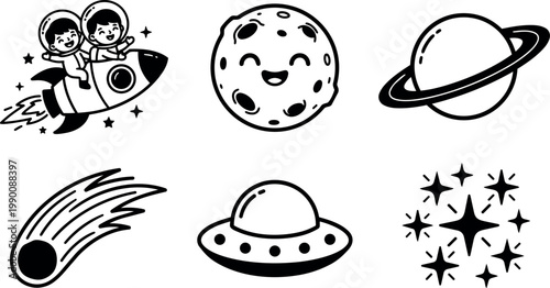 Cute children riding rocket with smiling moon saturn comet ufo and stars line art