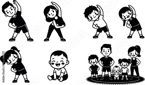 Black and white children stretching exercise and happy baby with family standing illustration