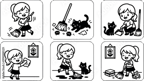 Black and white line art happy girl cleaning with cat sweeping mopping dusting