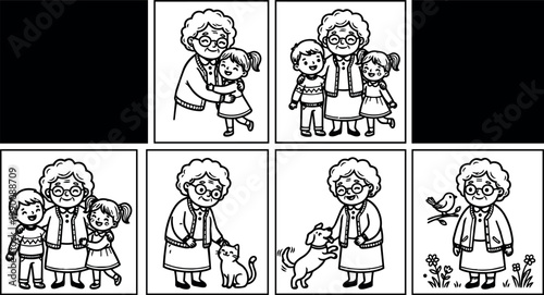 Black and white line art grandma with grandchildren pets and bird illustration set