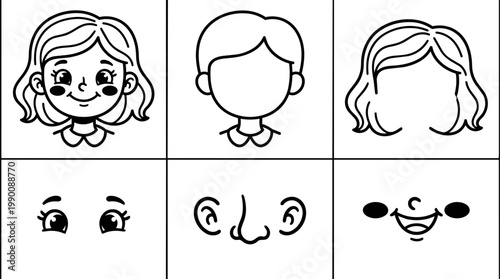 Smiling girl face parts in separate squares