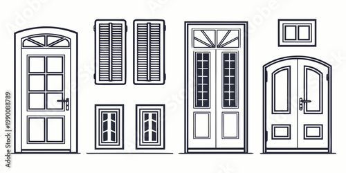 Graphic set of residential exterior elements including front doors shuttered and double door entrance in a hand-drawn black and white line style with shutters, architecture