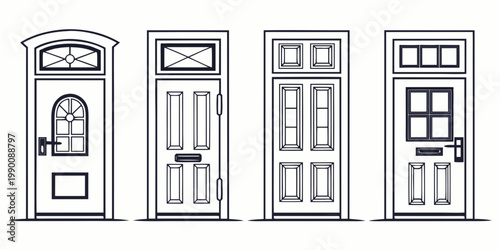 Four distinct front entrance door designs with transom decorative glass inserts and architectural frames isolated on white background entrance architecture exterior building