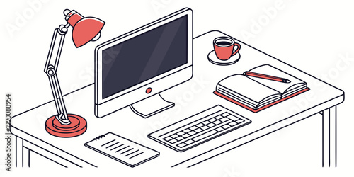 Modern workspace setup with computer monitor keyboard desk lamp notebook for productivity workspace computer keyboard notebook business productivity technology illustration