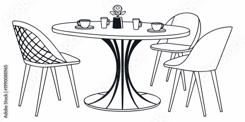 Round dining table with four chairs and potted plant line art drawing furniture interior decoration lifestyle minimalist illustration apartment homeware upholstery