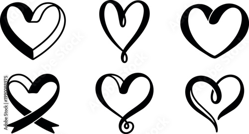 Black and white calligraphic heart shapes set with ribbon and swirl details vector art
