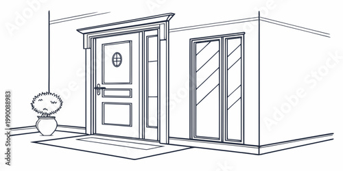 Modern house entrance sketch with door and adjacent large and potted plant entrance architecture exterior entryway residential illustration building monochrome realestate