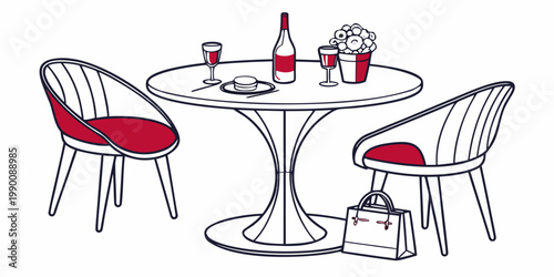 Patio dining set with wine bottle and glasses line art illustration lifestyle romantic illustration minimalist furniture drinking celebration restaurant hospitality