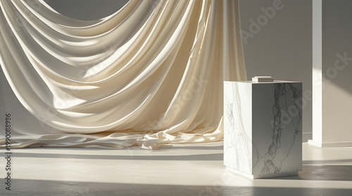 3D render luxury white marble cube podium pedestal with elegant beige draped silk background and sunlight shadows
