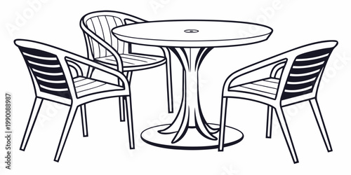 Outdoor plastic patio dining table and three chairs line art illustration with furniture lifestyle illustration minimalist backyard exterior gathering commercial restaurant