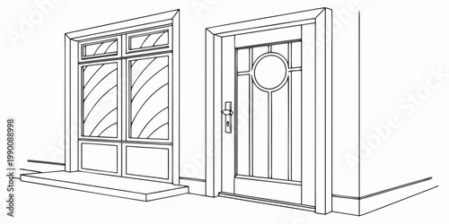 Minimalist line drawing of a residential building facade with front door and window section architecture entrance building exterior illustration residential entryway