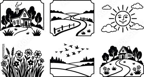 Black and white line art rural house trees fields sun flowers birds vector