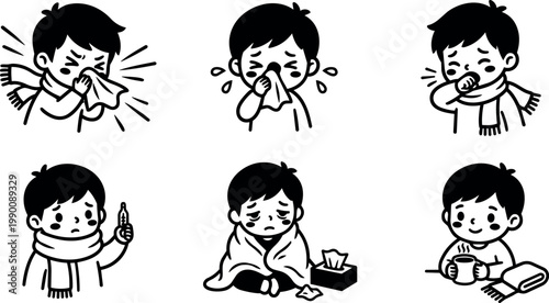 Black and white line art sick boy with cold symptoms and warm drink illustrations
